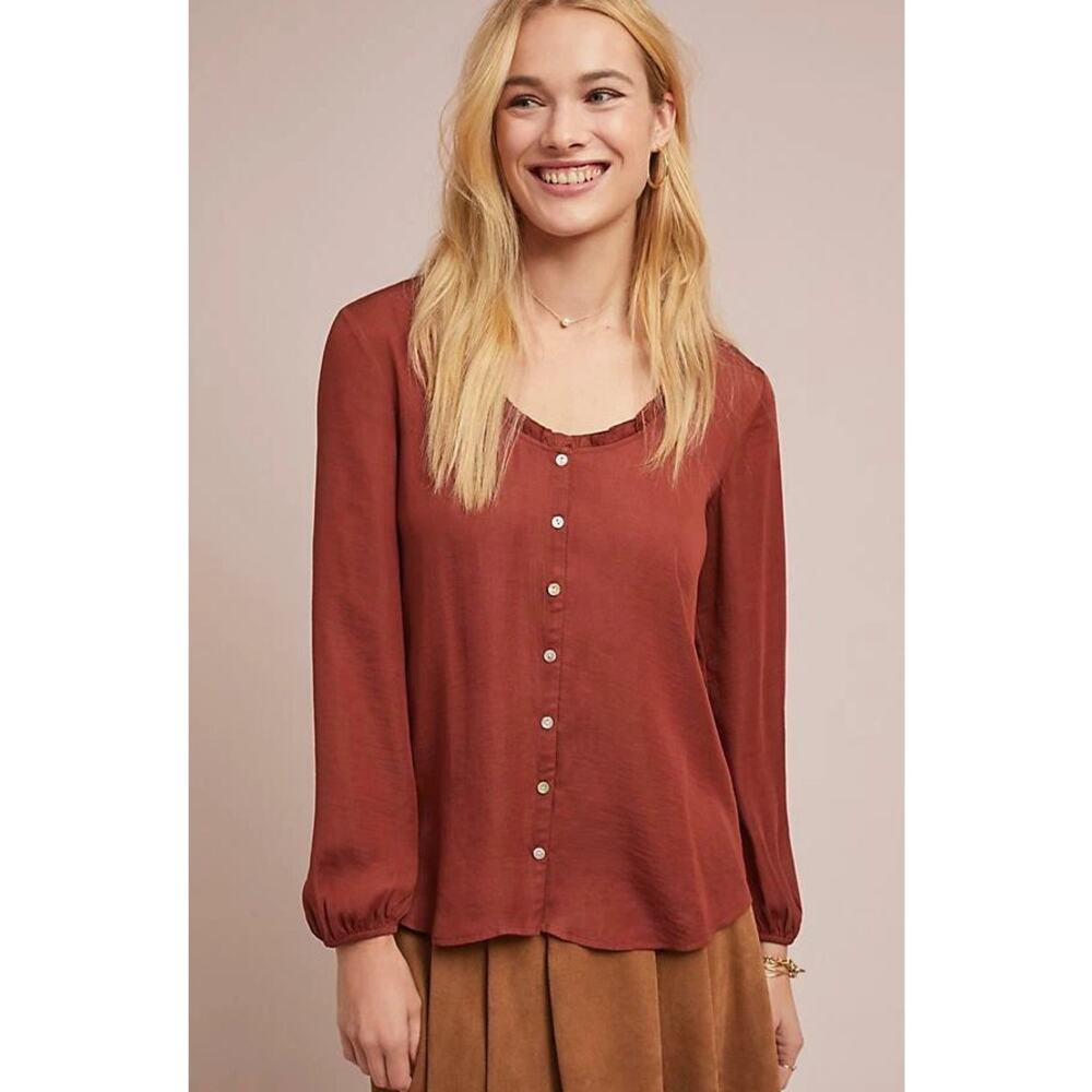Anthropologie Dolan Left Coast Marilyn Blouse S‎ Rust Orange Ruffle Button Front